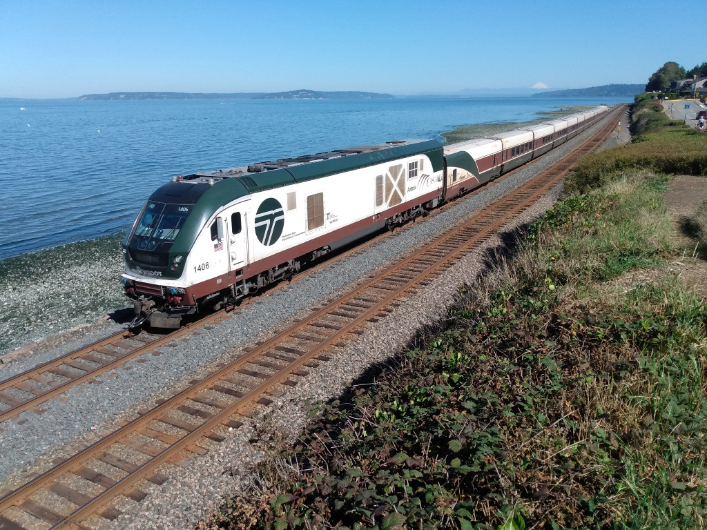 Mt Baker train set going by Mt Baker dormant volcano